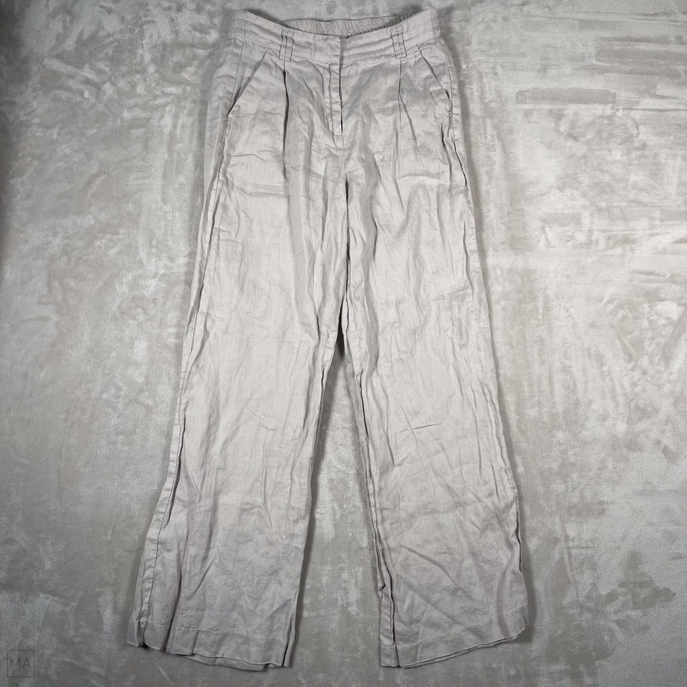 Magaschoni Women's Pants 100% Linen Wide Leg Neutral Trouser S Beige
